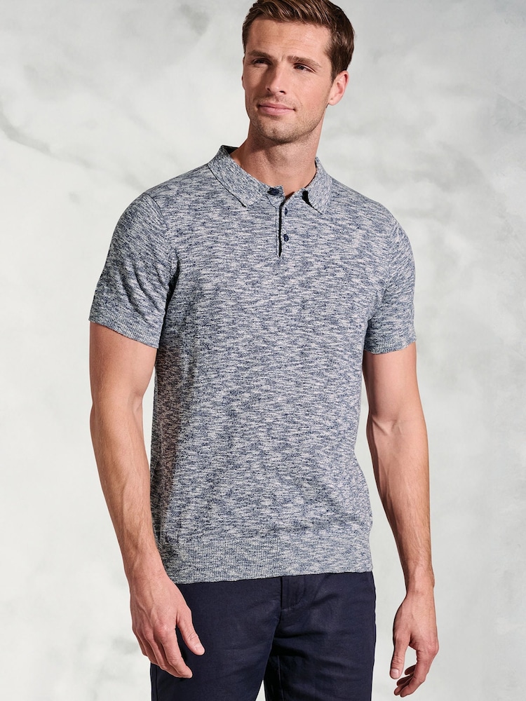 Brook Taverner Blue Light Linen Blend Slub Short Sleeve Polo Shirt - Image 3 of 3