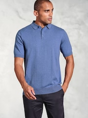 Brook Taverner Blue Knitted Pure 100% Cotton Polo Shirt - Image 1 of 3