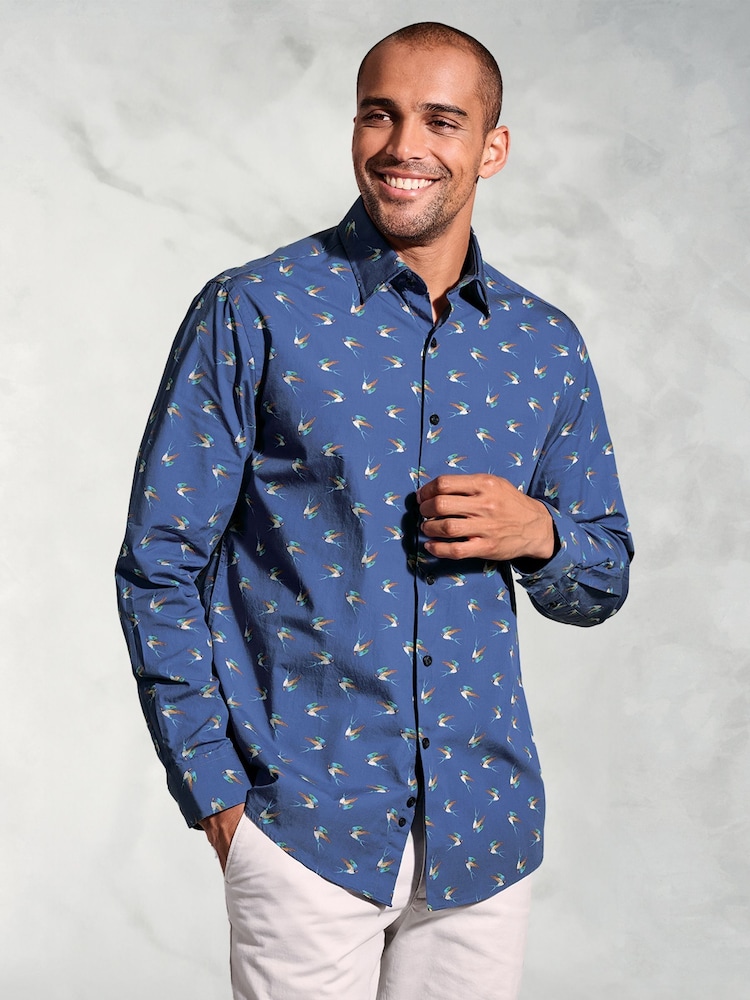 Brook Taverner Blue Swallow Print 100% Cotton Shirt - Image 1 of 4