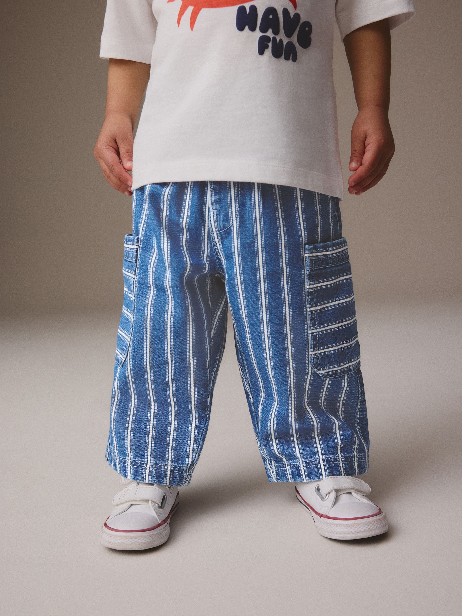 Buy Mid Blue Stripe Wide Leg Pull On Cargo 100% Cotton Jeans