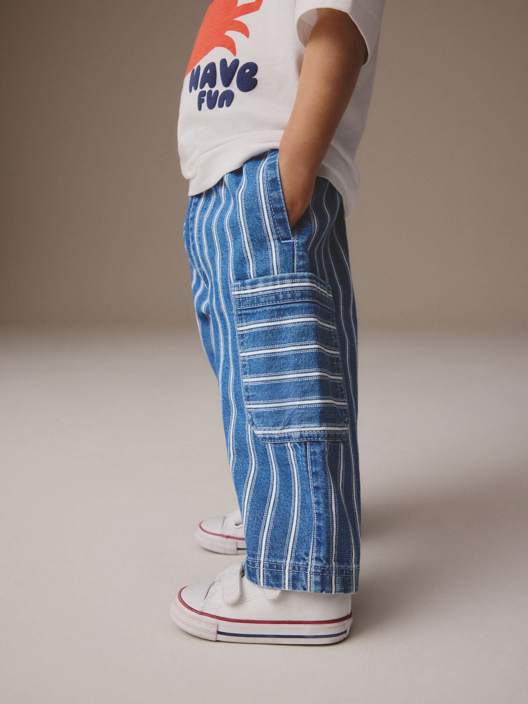 Buy Mid Blue Stripe Wide Leg Pull On Cargo 100% Cotton Jeans