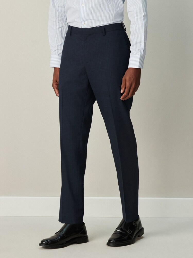 Navy Blue Slim Ft Check Suit Trousers - Image 1 of 5 Navy Blue Slim Ft Check Suit Trousers - Image 1 of 5