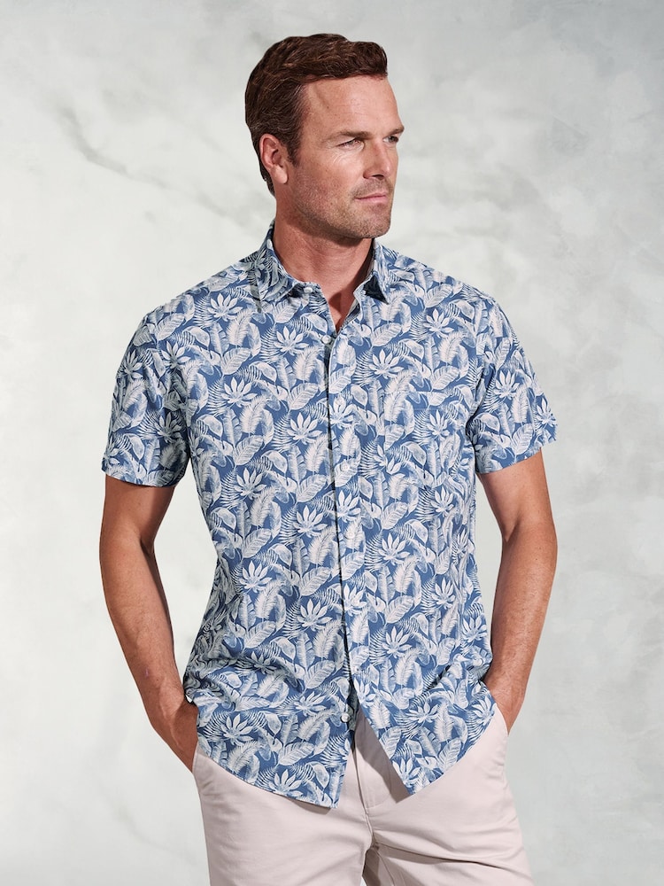Brook Taverner Blue Botanical Print 100% Cotton Slub Shirt - Image 1 of 4