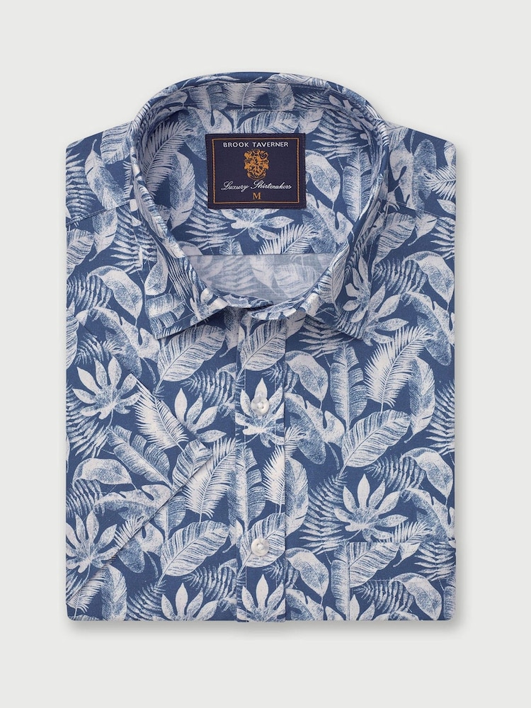 Brook Taverner Blue Botanical Print 100% Cotton Slub Shirt - Image 2 of 4