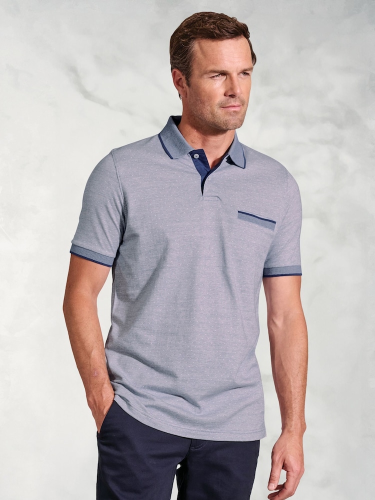 Brook Taverner Blue Dot Jacquard Melange 100% Cotton Polo Shirt - Image 1 of 3
