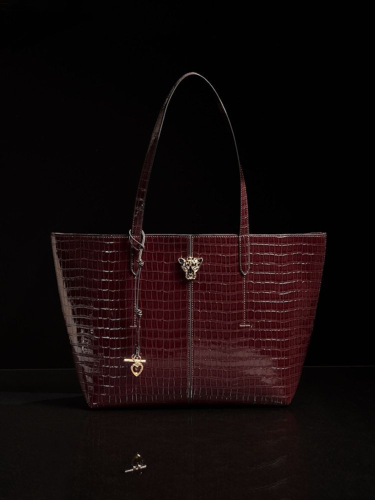 Lipsy Burgundy Red Croc Effect Shopper Tote Bag - Image 1 of 6