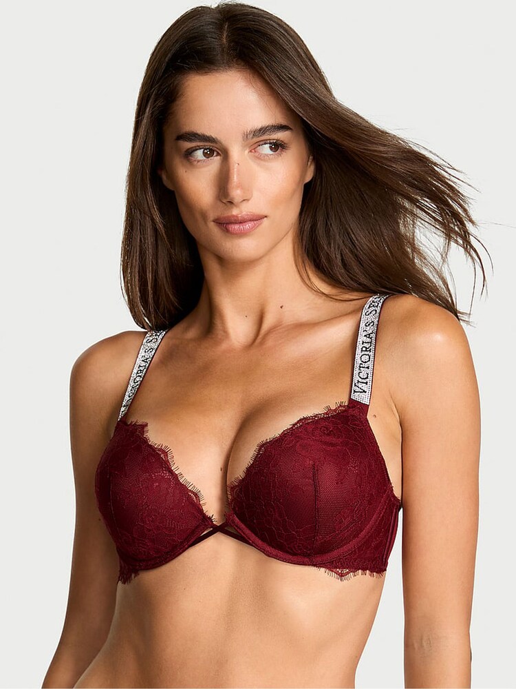 Victoria's Secret Sangria Red Add 2 Cups Push Up Lace Shine Strap Bombshell Bra - Image 1 of 3 Victoria's Secret Sangria Red Add 2 Cups Push Up Lace Shine Strap Bombshell Bra - Image 1 of 3