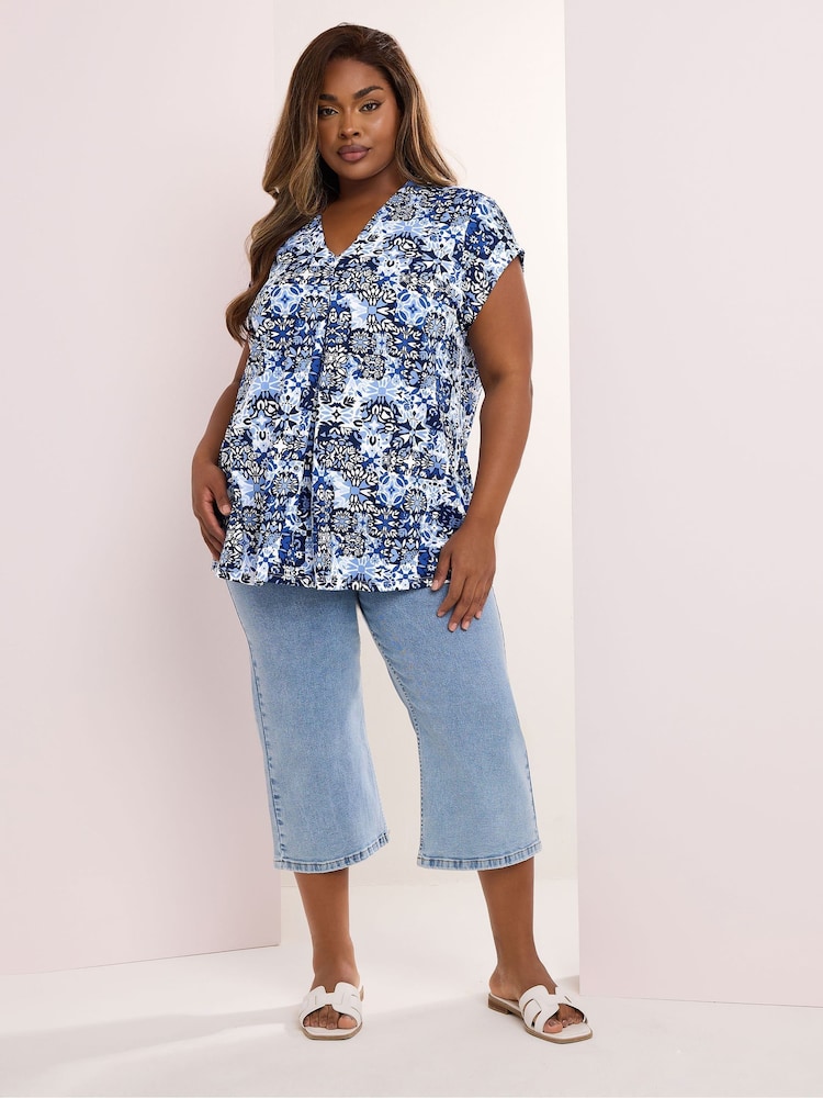 Yours Curve Blue Pleated Front Crepe Top - Image 2 of 5