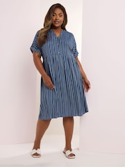 Yours Curve Blue Stripe Notchneck Dress - Image 1 of 5