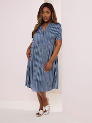 Yours Curve Blue Stripe Notchneck Dress - Image 2 of 5