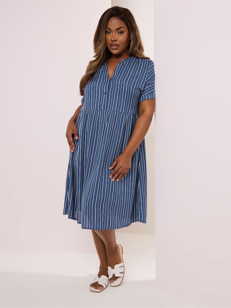 Yours Curve Blue Stripe Notchneck Dress - Image 2 of 5