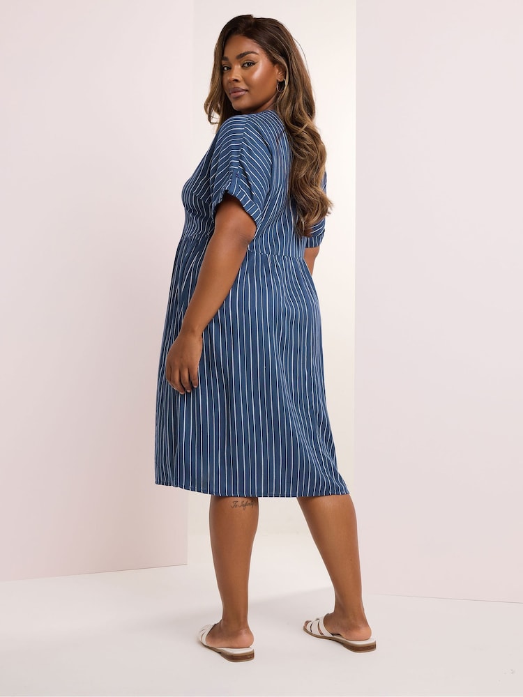Yours Curve Blue Stripe Notchneck Dress - Image 3 of 5