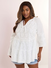 Yours Curve White Embroidered Smock Boho 100% Cotton Blouse - Image 1 of 6