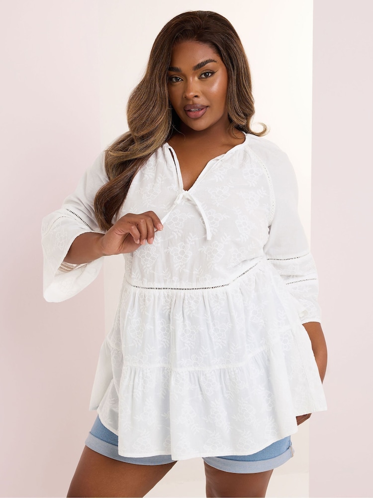 Yours Curve White Embroidered Smock Boho 100% Cotton Blouse - Image 2 of 6
