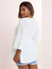 Yours Curve White Embroidered Smock Boho 100% Cotton Blouse - Image 4 of 6