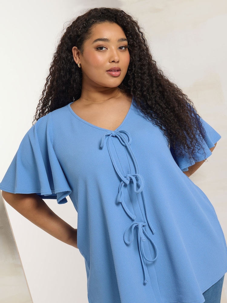 Yours Curve Blue Bow Front Angel Sleeve Blouse - Image 1 of 5