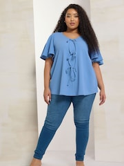 Yours Curve Blue Bow Front Angel Sleeve Blouse - Image 2 of 5
