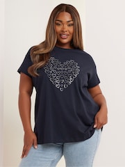 Yours Curve Blue Foil Heart Placement 100% Cotton T-Shirt - Image 1 of 5