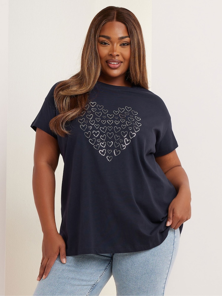 Yours Curve Blue Foil Heart Placement 100% Cotton T-Shirt - Image 1 of 5