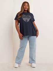 Yours Curve Blue Foil Heart Placement 100% Cotton T-Shirt - Image 2 of 5
