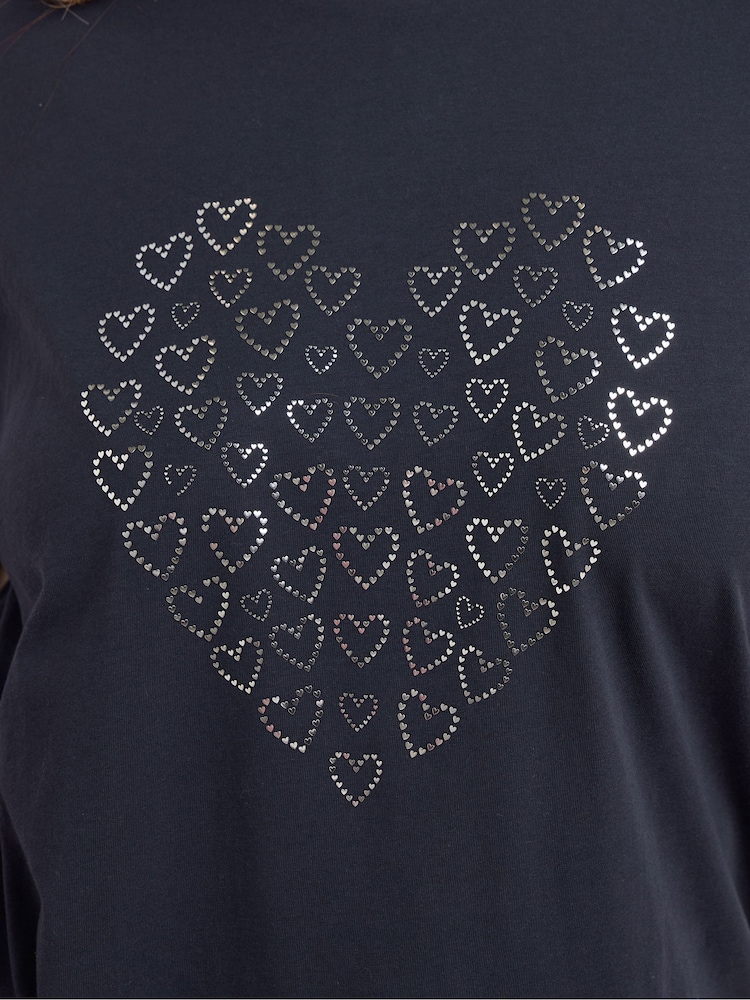 Yours Curve Blue Foil Heart Placement 100% Cotton T-Shirt - Image 5 of 5