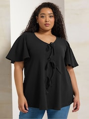 Yours Curve Black Bow Front Angel Sleeve Blouse - Image 1 of 5