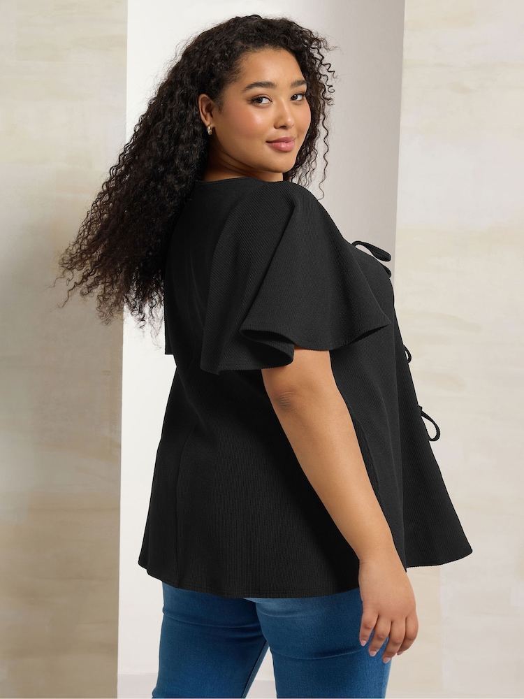 Yours Curve Black Bow Front Angel Sleeve Blouse - Image 2 of 5