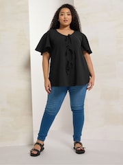 Yours Curve Black Bow Front Angel Sleeve Blouse - Image 3 of 5