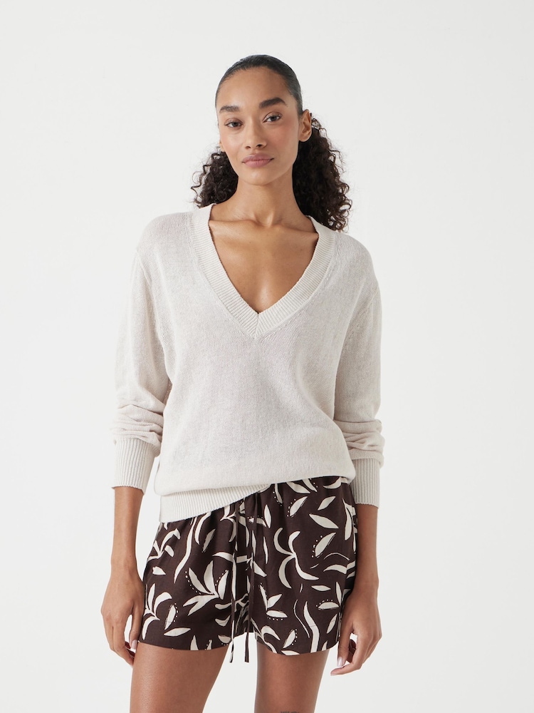 Hush White Linen Blend V-Neck Jumper - Image 1 of 6