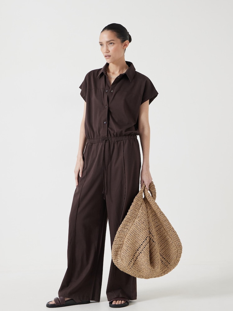 Hush Brown Short Sleeve Wide Leg Jersey Jumpsuit - Image 1 of 5