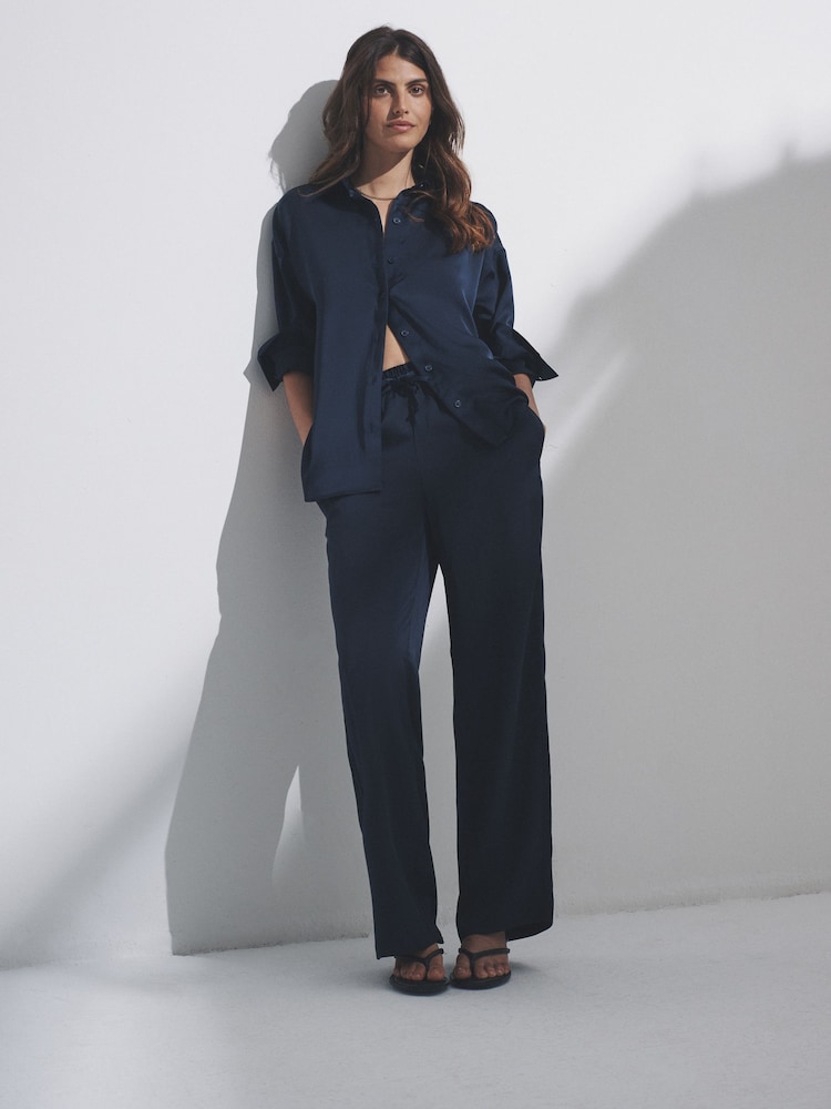 The Set Navy Blue Satin Shirt and Trousers Co-Ord - Image 1 of 11