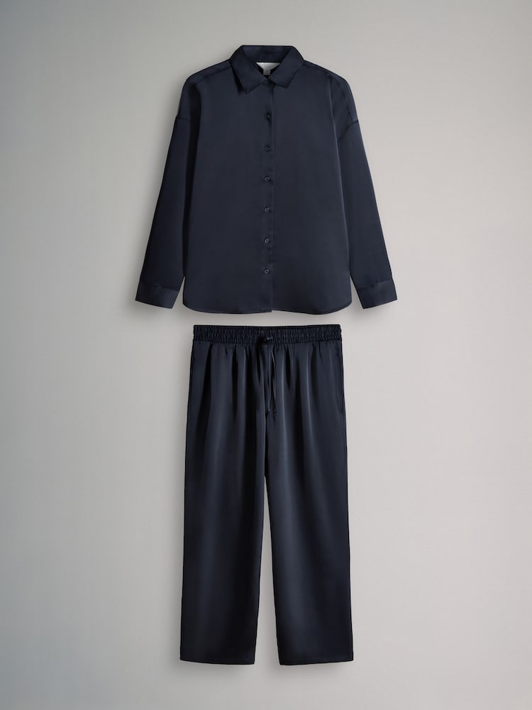 The Set Navy Blue Satin Shirt and Trousers Co-Ord - Image 2 of 11