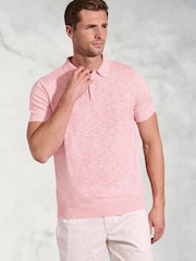 Brook Taverner Pink Linen Blend Slub Short Sleeve Polo Shirt - Image 1 of 3