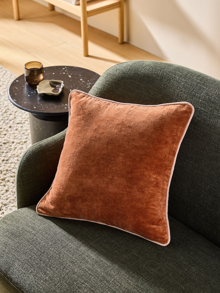 MADE.COM Rust Brown Bailey Cotton Velvet Piped Cushion - Image 1 of 3 MADE.COM Rust Brown Bailey Cotton Velvet Piped Cushion - Image 1 of 3