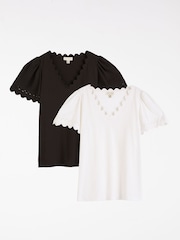 Love & Roses X2 Black and Ivory Scallop T-Shirt - Image 1 of 7