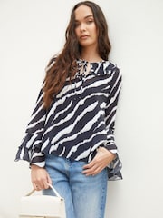 Another Sunday Animal Frill Sleeve Notch Neck Tie Detail Blouse - Image 1 of 4