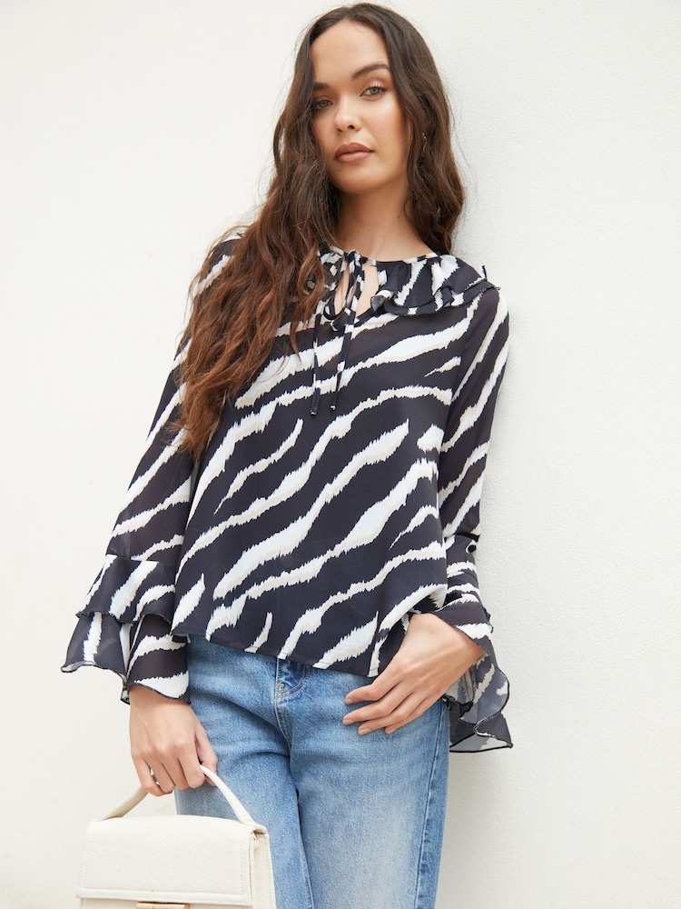 Another Sunday Animal Frill Sleeve Notch Neck Tie Detail Blouse - Image 1 of 4