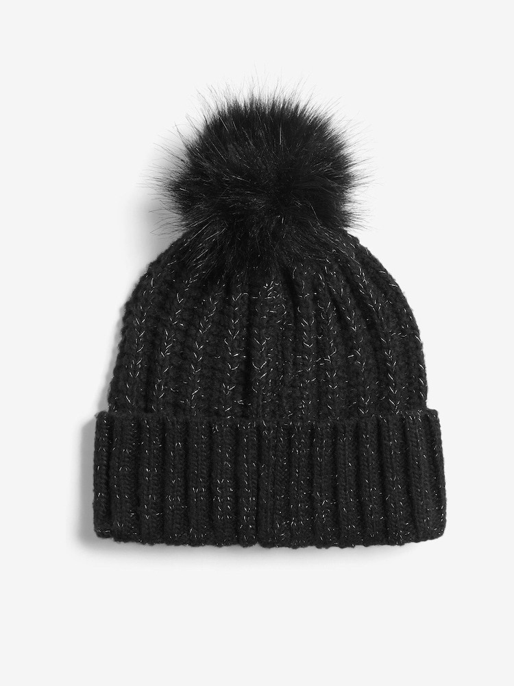 Lipsy Black Shimmer Ribbed Pom Hat - Image 1 of 3
