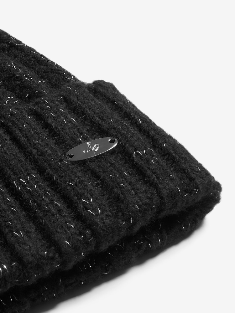 Lipsy Black Shimmer Ribbed Pom Hat - Image 2 of 3