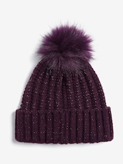 Lipsy Berry Shimmer Ribbed Pom Hat - Image 4 of 4