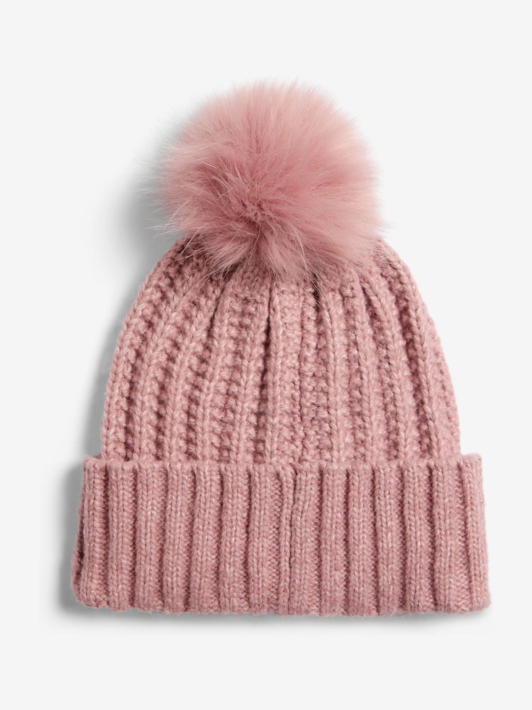 Lipsy Pink Shimmer Ribbed Pom Hat - Image 4 of 4