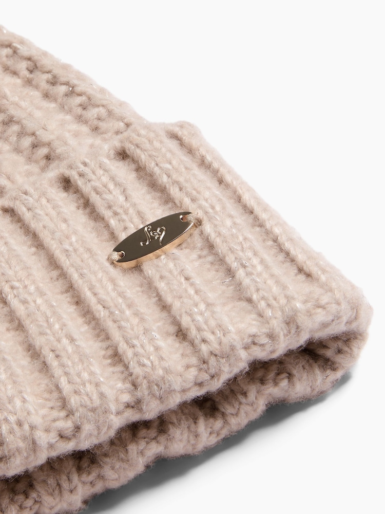 Lipsy Neutral Shimmer Ribbed Pom Hat - Image 2 of 4