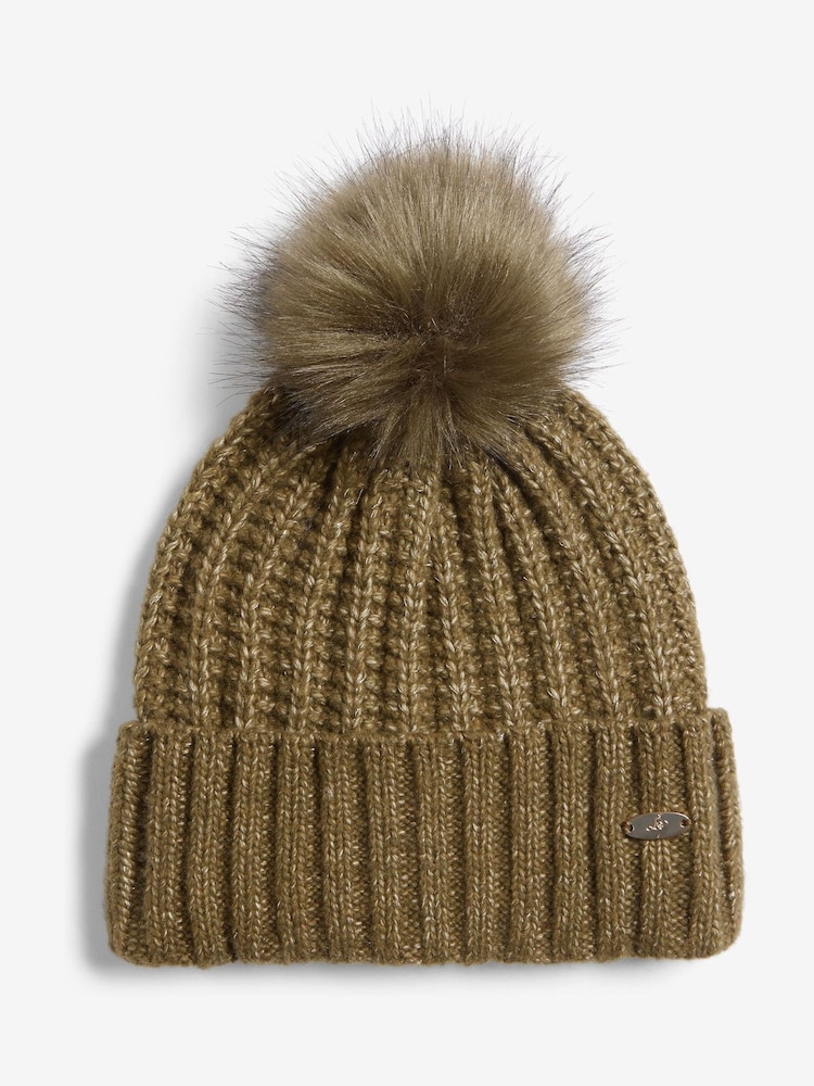 Lipsy Olive Green Shimmer Ribbed Pom Hat - Image 1 of 4