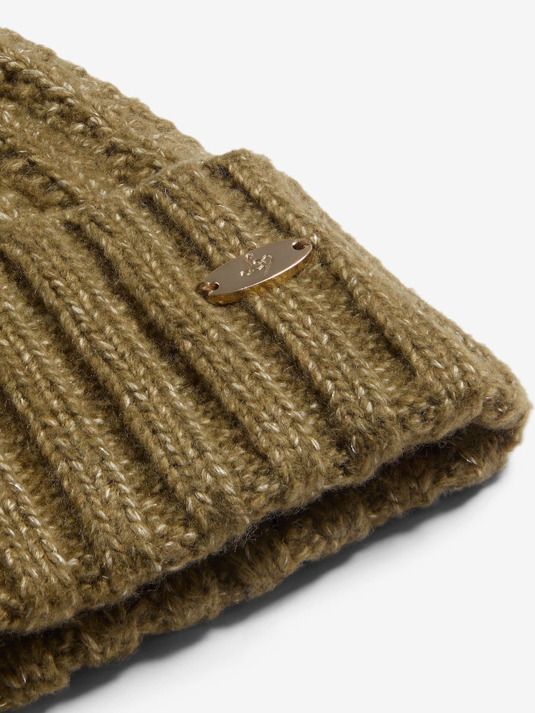 Lipsy Olive Green Shimmer Ribbed Pom Hat - Image 2 of 4
