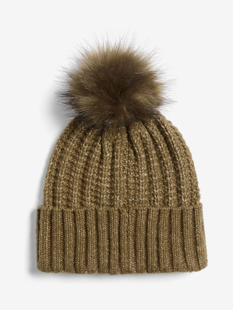 Lipsy Olive Green Shimmer Ribbed Pom Hat - Image 4 of 4
