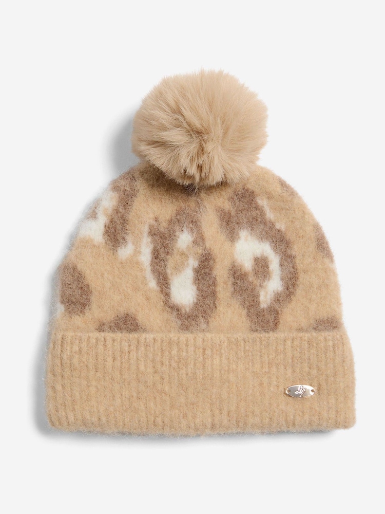 Lipsy Light Leopard Print Brushed Pom Hat - Image 1 of 4