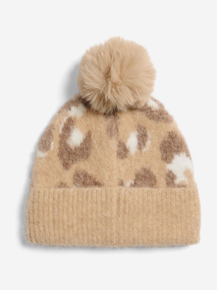 Lipsy Light Leopard Print Brushed Pom Hat - Image 4 of 4