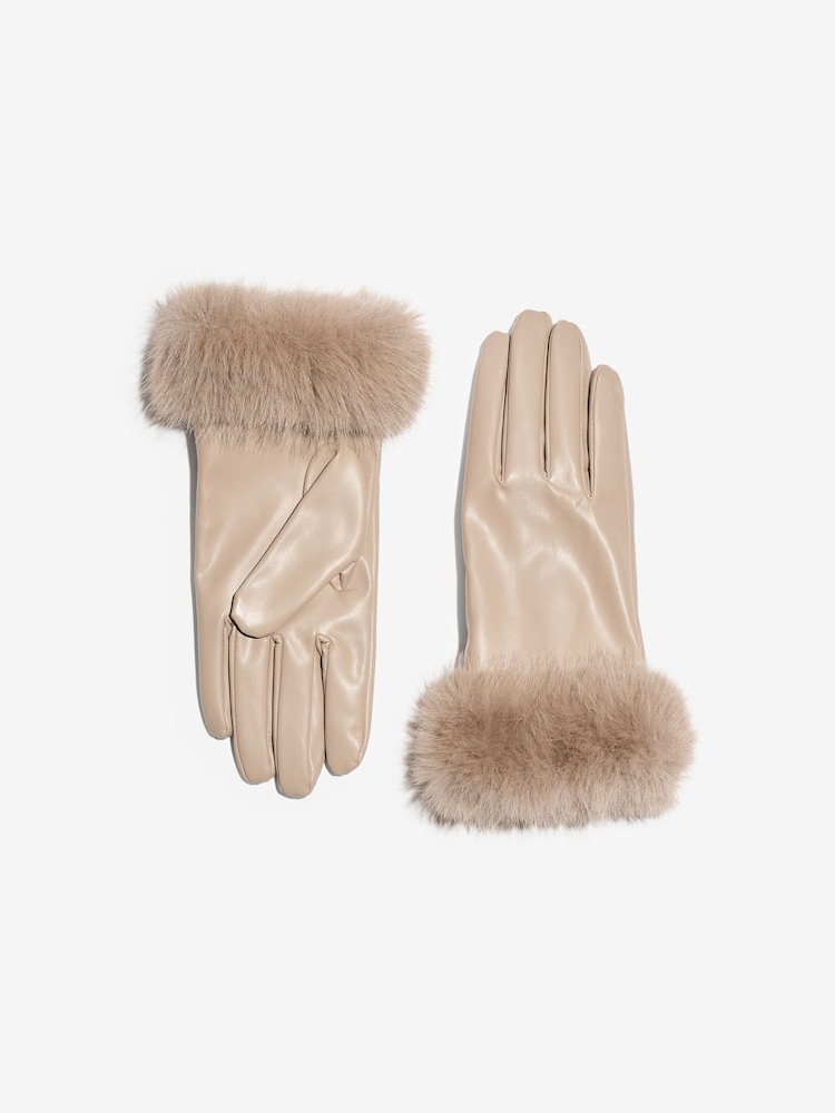 Lipsy Neutral Faux Fur Leather Look Gloves - Image 1 of 4