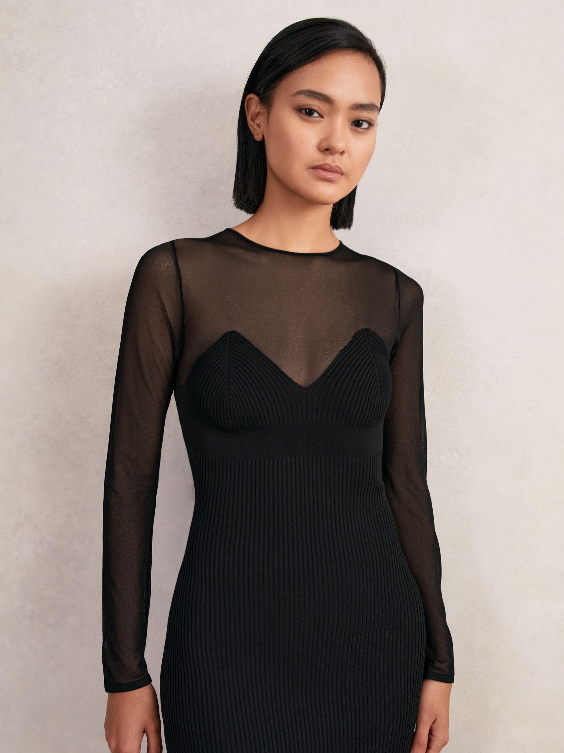 Buy Reiss Black Lila Mesh Rib-Knit Sweetheart Midi Dress from Next USA