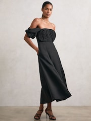 Reiss Black Frankie Bardot Sculpted Bodice Midi Dress With Linen - Image 1 of 5